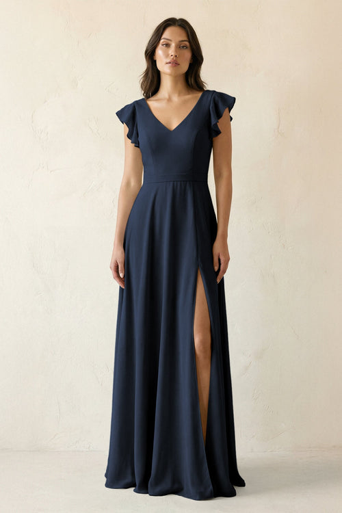 V - Neck Ruffled A - Line Chiffon Bridesmaid Dress in Dark Navy - KissProm Bridesmaid Dresses