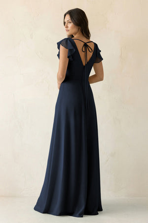 V - Neck Ruffled A - Line Chiffon Bridesmaid Dress in Dark Navy - KissProm Bridesmaid Dresses