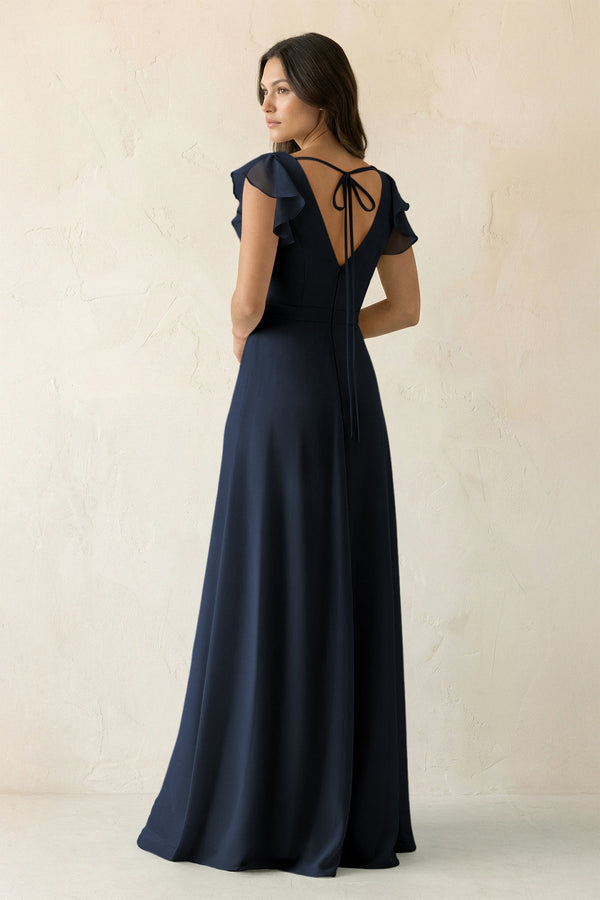 V - Neck Ruffled A - Line Chiffon Bridesmaid Dress in Dark Navy - KissProm Bridesmaid Dresses