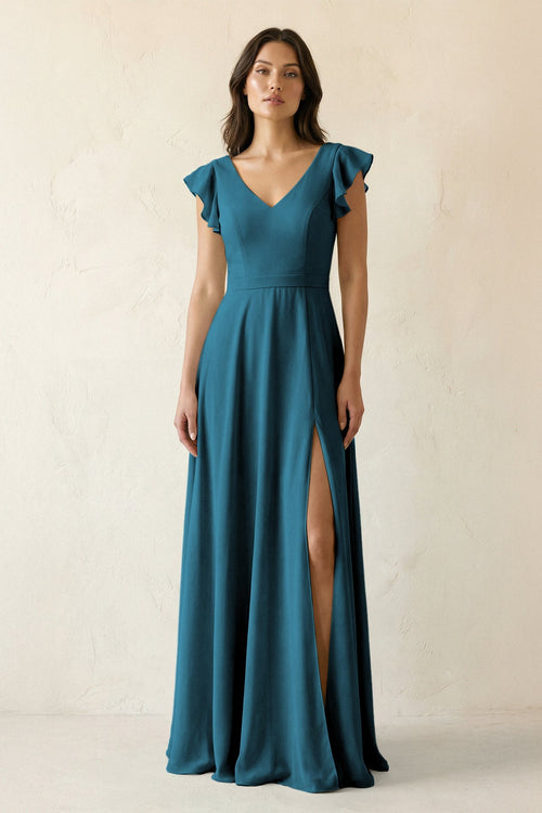 V - Neck Ruffled A - Line Chiffon Bridesmaid Dress in Dark Teal - KissProm Bridesmaid Dresses