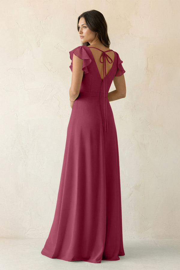 V - Neck Ruffled A - Line Chiffon Bridesmaid Dress in Desert Rose - KissProm Bridesmaid Dresses