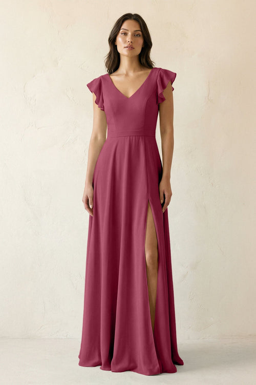 V - Neck Ruffled A - Line Chiffon Bridesmaid Dress in Desert Rose - KissProm Bridesmaid Dresses