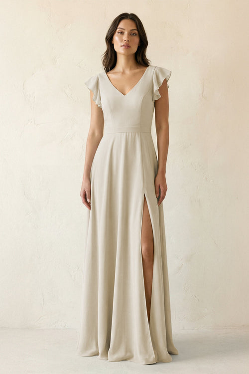 V - Neck Ruffled A - Line Chiffon Bridesmaid Dress in Dove Gray - KissProm Bridesmaid Dresses