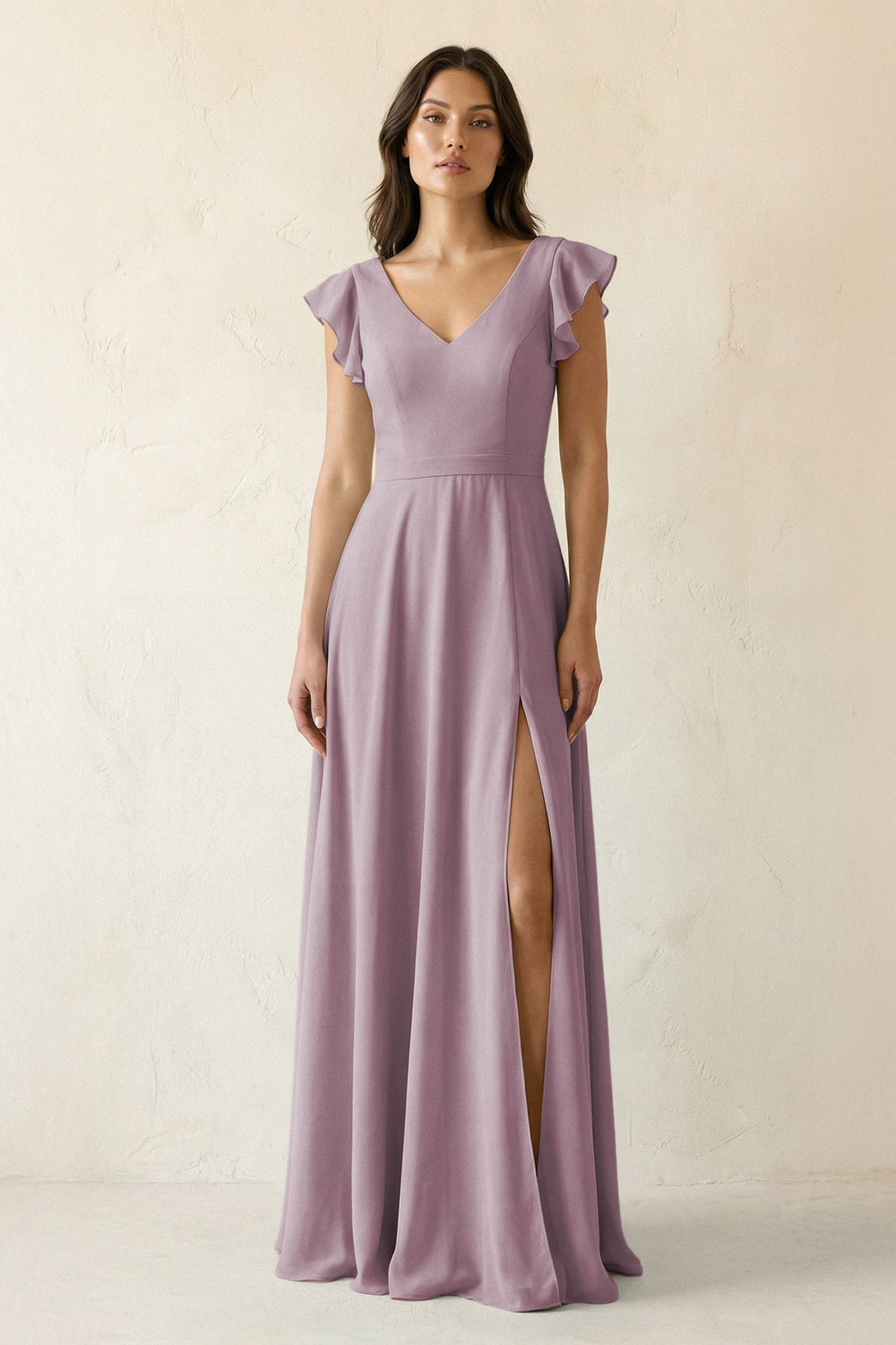 V - Neck Ruffled A - Line Chiffon Bridesmaid Dress in Dusk - KissProm Bridesmaid Dresses