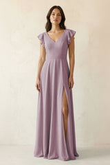 V - Neck Ruffled A - Line Chiffon Bridesmaid Dress in Dusk - KissProm Bridesmaid Dresses