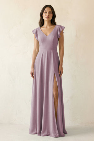 V - Neck Ruffled A - Line Chiffon Bridesmaid Dress in Dusk - KissProm Bridesmaid Dresses