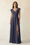 V - Neck Ruffled A - Line Chiffon Bridesmaid Dress in Dusk Blue - KissProm Bridesmaid Dresses