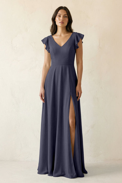 V - Neck Ruffled A - Line Chiffon Bridesmaid Dress in Dusk Blue - KissProm Bridesmaid Dresses