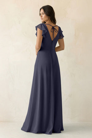 V - Neck Ruffled A - Line Chiffon Bridesmaid Dress in Dusk Blue - KissProm Bridesmaid Dresses