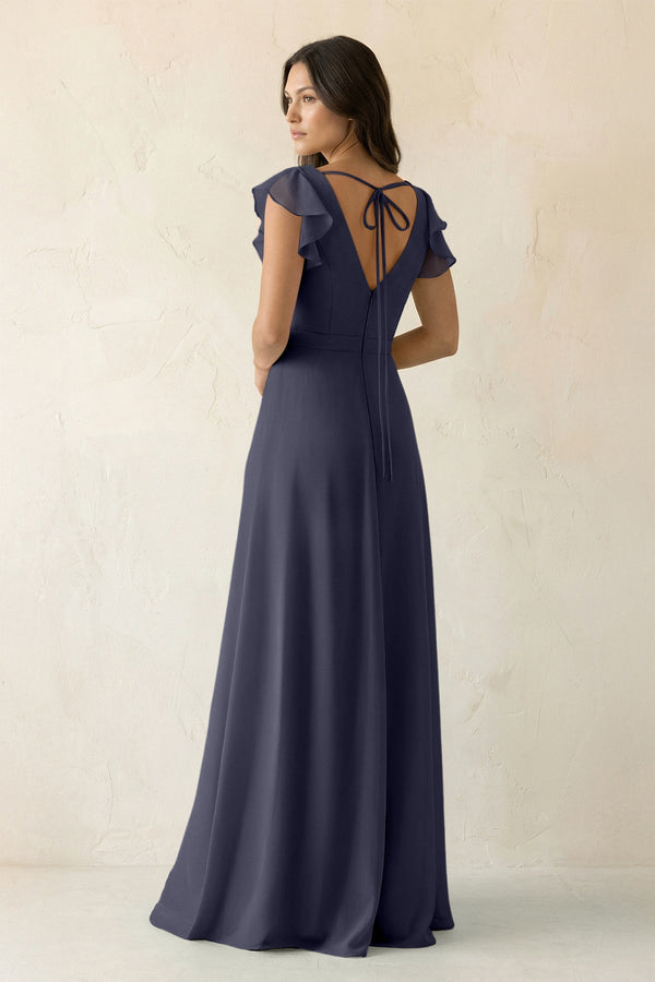 V - Neck Ruffled A - Line Chiffon Bridesmaid Dress in Dusk Blue - KissProm Bridesmaid Dresses