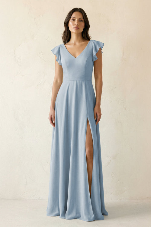 KissProm V-Neck Ruffled A-Line Chiffon Bridesmaid Dress in Dusty Blue, Dusty Blue / 18