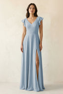 V - Neck Ruffled A - Line Chiffon Bridesmaid Dress in Dusty Blue - KissProm Bridesmaid Dresses