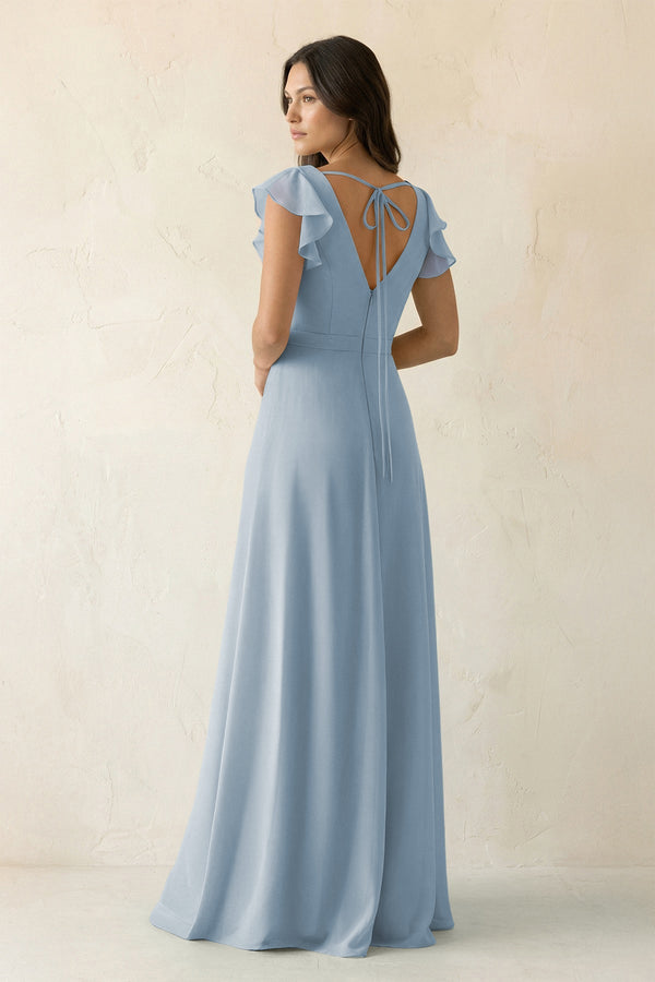 V - Neck Ruffled A - Line Chiffon Bridesmaid Dress in Dusty Blue - KissProm Bridesmaid Dresses