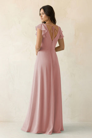 V - Neck Ruffled A - Line Chiffon Bridesmaid Dress in Dusty Rose - KissProm Bridesmaid Dresses