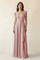 V - Neck Ruffled A - Line Chiffon Bridesmaid Dress in Dusty Rose - KissProm Bridesmaid Dresses