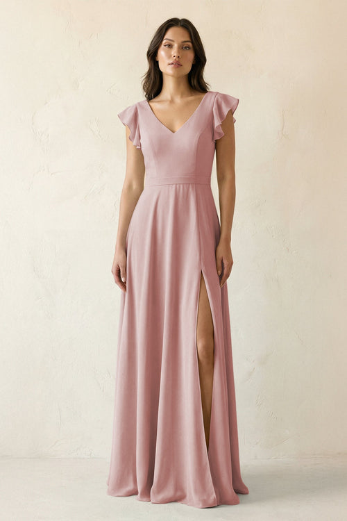 V - Neck Ruffled A - Line Chiffon Bridesmaid Dress in Dusty Rose - KissProm Bridesmaid Dresses