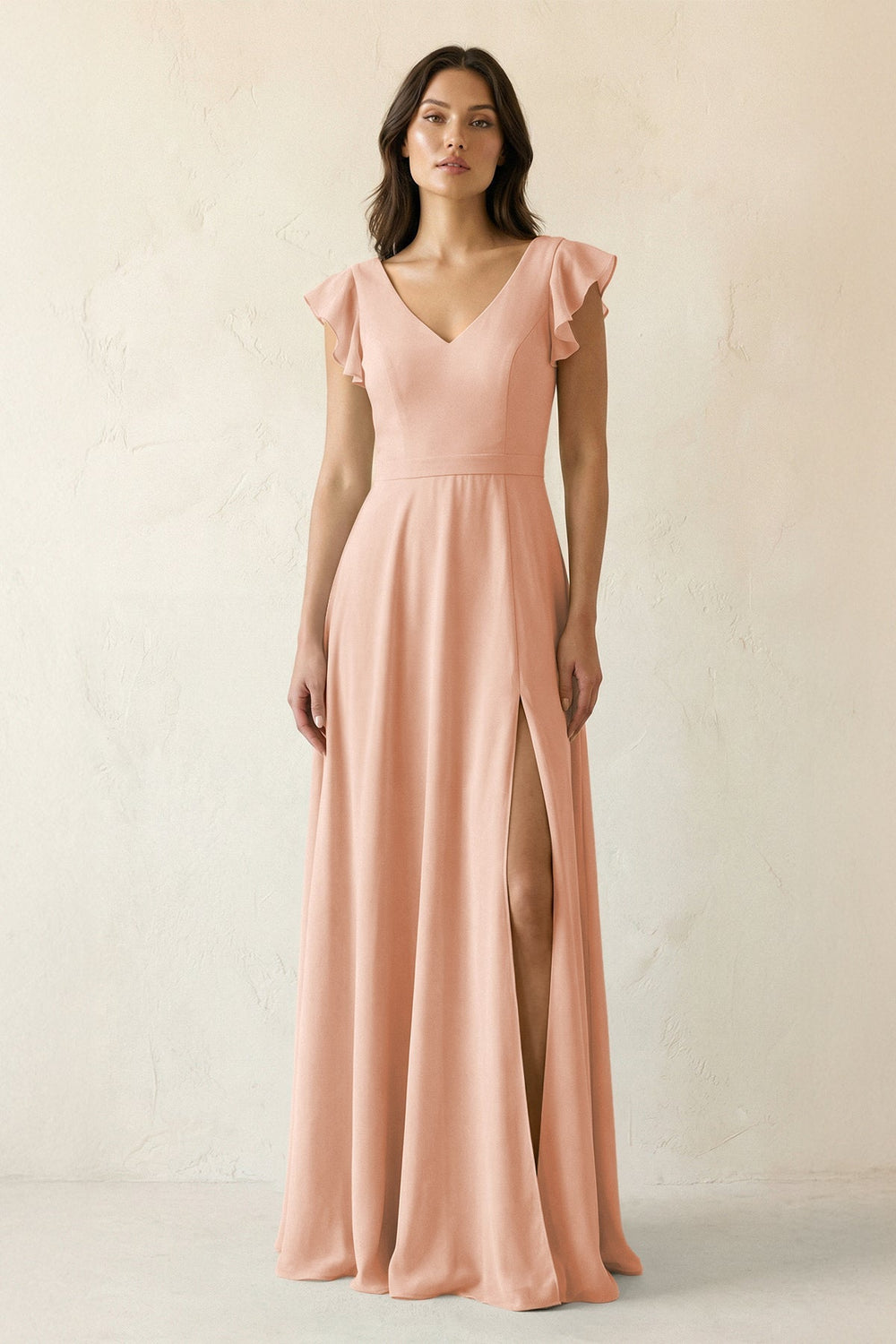 V - Neck Ruffled A - Line Chiffon Bridesmaid Dress in English Rose - KissProm Bridesmaid Dresses
