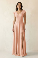 V - Neck Ruffled A - Line Chiffon Bridesmaid Dress in English Rose - KissProm Bridesmaid Dresses