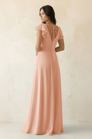 V - Neck Ruffled A - Line Chiffon Bridesmaid Dress in English Rose - KissProm Bridesmaid Dresses