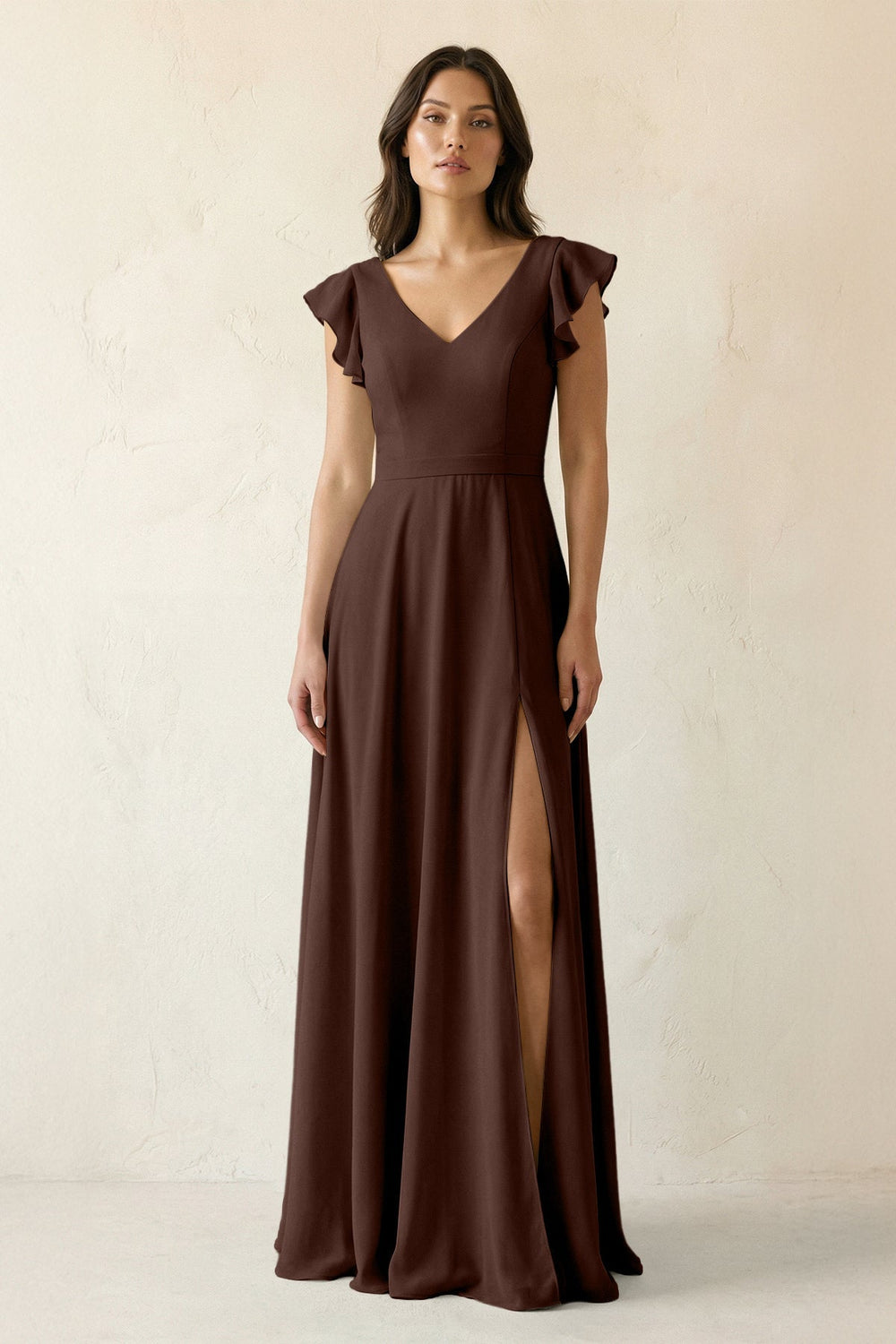 V - Neck Ruffled A - Line Chiffon Bridesmaid Dress in Espresso - KissProm Bridesmaid Dresses