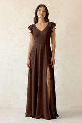 V - Neck Ruffled A - Line Chiffon Bridesmaid Dress in Espresso - KissProm Bridesmaid Dresses