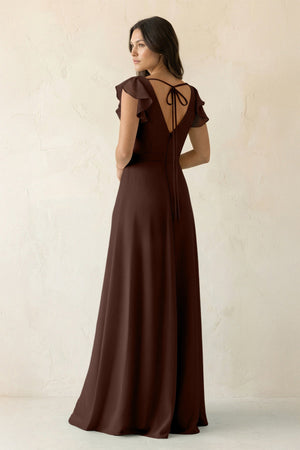 V - Neck Ruffled A - Line Chiffon Bridesmaid Dress in Espresso - KissProm Bridesmaid Dresses