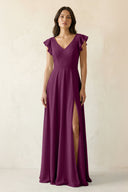 V - Neck Ruffled A - Line Chiffon Bridesmaid Dress in Fig - KissProm Bridesmaid Dresses