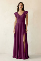 V - Neck Ruffled A - Line Chiffon Bridesmaid Dress in Fig - KissProm Bridesmaid Dresses