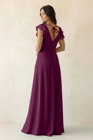 V - Neck Ruffled A - Line Chiffon Bridesmaid Dress in Fig - KissProm Bridesmaid Dresses