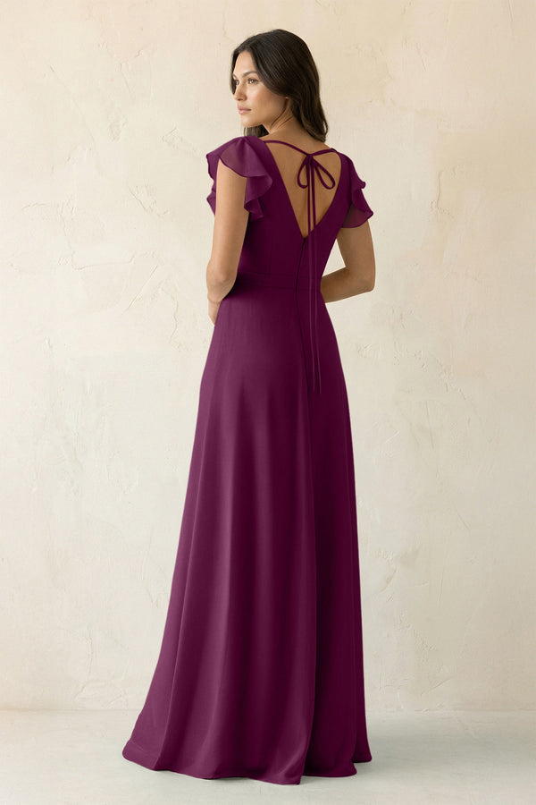 V - Neck Ruffled A - Line Chiffon Bridesmaid Dress in Fig - KissProm Bridesmaid Dresses
