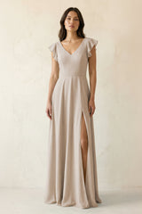 V - Neck Ruffled A - Line Chiffon Bridesmaid Dress in Frost - KissProm Bridesmaid Dresses