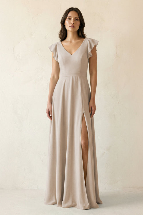 V - Neck Ruffled A - Line Chiffon Bridesmaid Dress in Frost - KissProm Bridesmaid Dresses