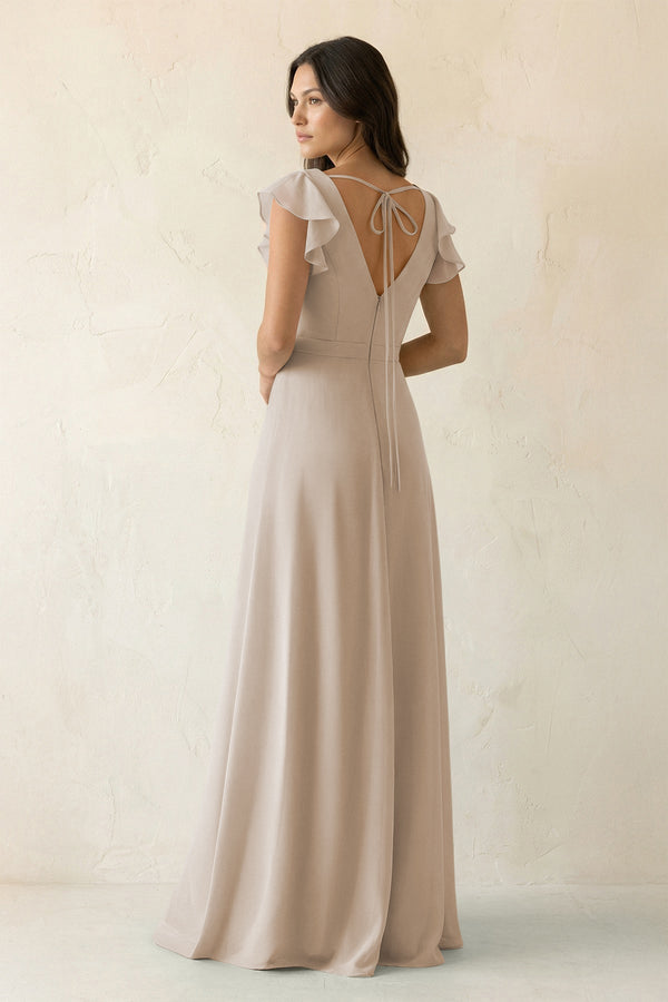 V - Neck Ruffled A - Line Chiffon Bridesmaid Dress in Frost - KissProm Bridesmaid Dresses