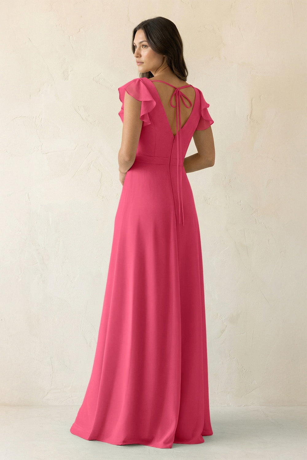 V - Neck Ruffled A - Line Chiffon Bridesmaid Dress in Fuchsia - KissProm Bridesmaid Dresses