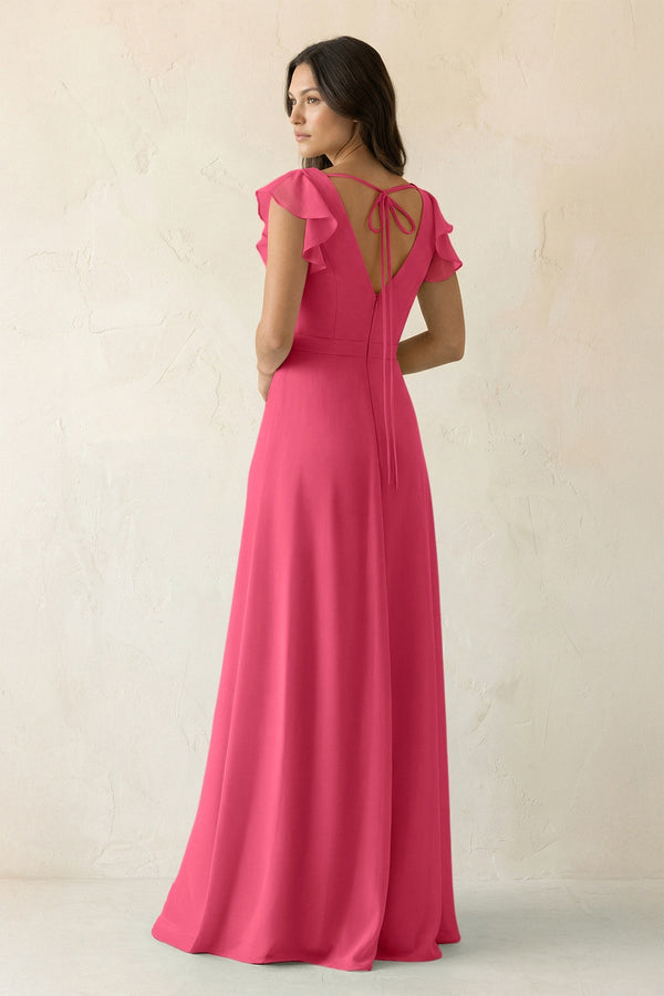 V - Neck Ruffled A - Line Chiffon Bridesmaid Dress in Fuchsia - KissProm Bridesmaid Dresses