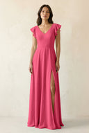 V - Neck Ruffled A - Line Chiffon Bridesmaid Dress in Fuchsia - KissProm Bridesmaid Dresses