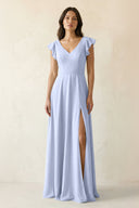 V - Neck Ruffled A - Line Chiffon Bridesmaid Dress in Ice - KissProm Bridesmaid Dresses