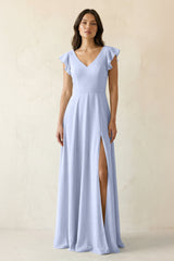 V - Neck Ruffled A - Line Chiffon Bridesmaid Dress in Ice - KissProm Bridesmaid Dresses