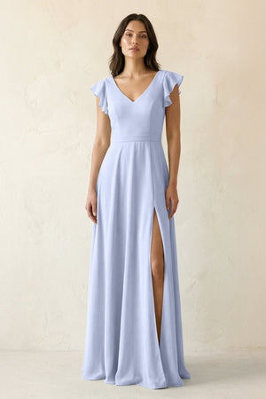 V - Neck Ruffled A - Line Chiffon Bridesmaid Dress in Ice - KissProm Bridesmaid Dresses