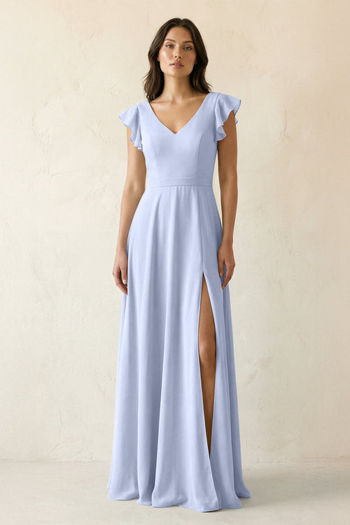 V - Neck Ruffled A - Line Chiffon Bridesmaid Dress in Ice - KissProm Bridesmaid Dresses