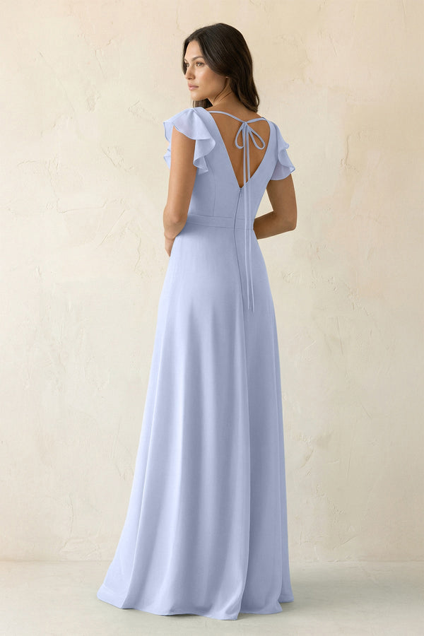 KissProm V-Neck Ruffled A-Line Chiffon Bridesmaid Dress in Ice, Ice / 10