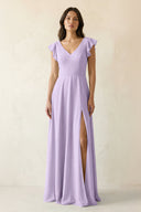 V - Neck Ruffled A - Line Chiffon Bridesmaid Dress in Lavender - KissProm Bridesmaid Dresses