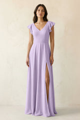 V - Neck Ruffled A - Line Chiffon Bridesmaid Dress in Lavender - KissProm Bridesmaid Dresses