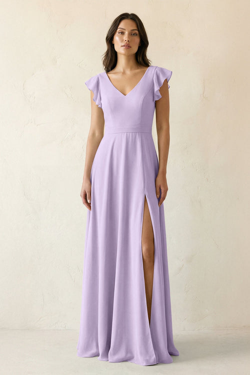 V - Neck Ruffled A - Line Chiffon Bridesmaid Dress in Lavender - KissProm Bridesmaid Dresses