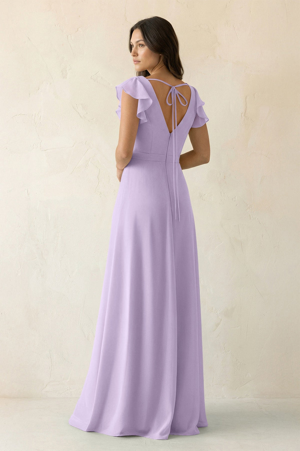 V - Neck Ruffled A - Line Chiffon Bridesmaid Dress in Lavender - KissProm Bridesmaid Dresses