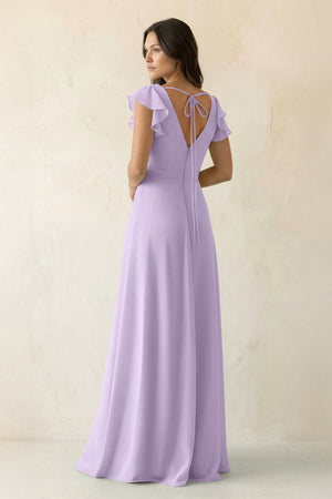 V - Neck Ruffled A - Line Chiffon Bridesmaid Dress in Lavender - KissProm Bridesmaid Dresses