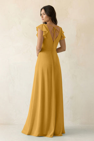 V - Neck Ruffled A - Line Chiffon Bridesmaid Dress in Marigold - KissProm Bridesmaid Dresses