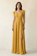 V - Neck Ruffled A - Line Chiffon Bridesmaid Dress in Marigold - KissProm Bridesmaid Dresses