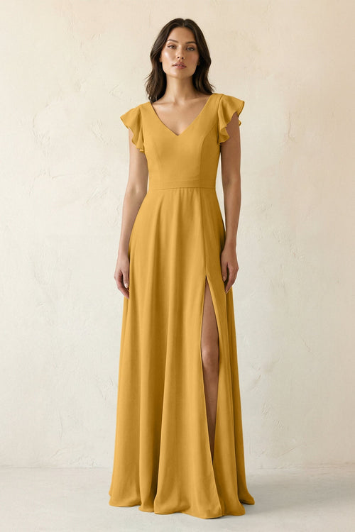 V - Neck Ruffled A - Line Chiffon Bridesmaid Dress in Marigold - KissProm Bridesmaid Dresses