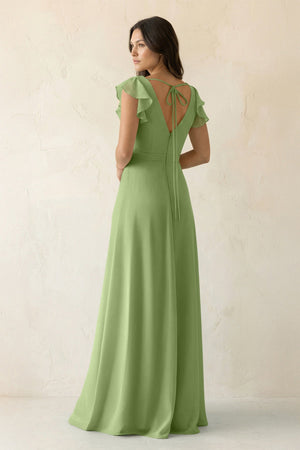 V - Neck Ruffled A - Line Chiffon Bridesmaid Dress in Matcha - KissProm Bridesmaid Dresses